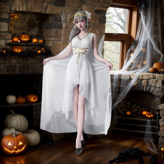 HOWPAY Halloween Dresses For Women Greek Goddess Medieval Dress Elf Costume Cleopatra Athena Stage Performance Fancy Outfit For Halloween Party Event Halloween Costumes L