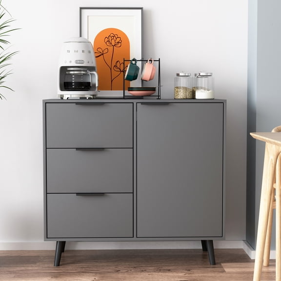Mid Century Storage Cabinet With Door, 3 Drawers & Adjustable Shelf, Gray For Home Office Living Room Accent Office,