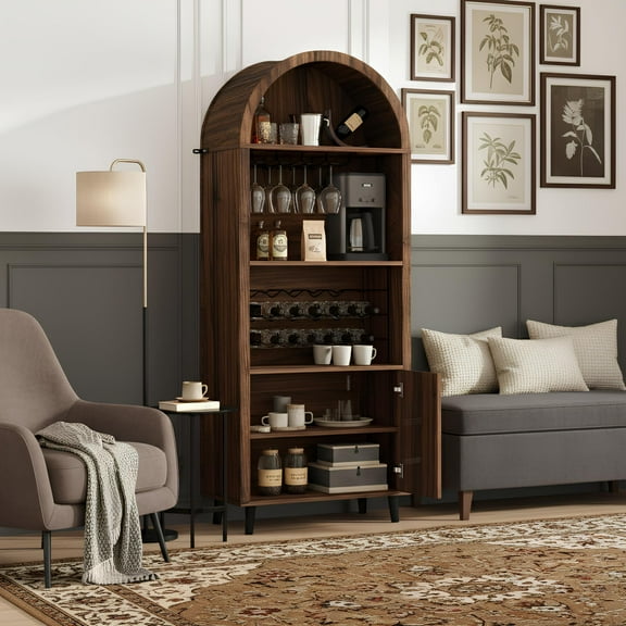 SESSLIFE 71 Inch Pantry Cabinet with Wine Rack and Glass Holder, Arched Black Design for Coffee Bar and Whiskey Corner, Freestanding Storage for Dining Room, Brown Oak