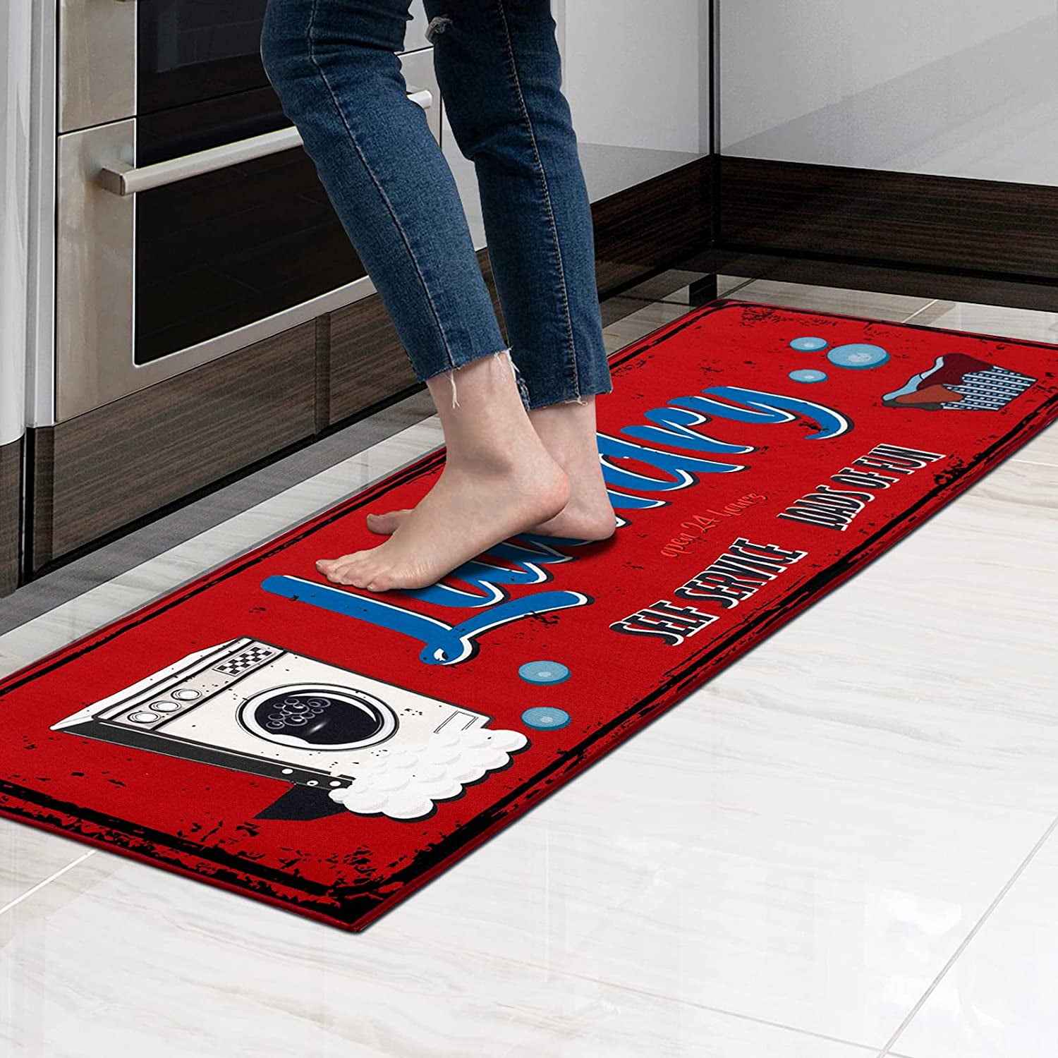 Laundry Room Decorative Printed Runner Rug Red & 20"x59"