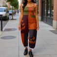 thumbnail image 4 of JULMCOMO Cotton Linen Jumpsuits for Women Halloween Pumpkin Printed Plus Size Spaghetti Strap Jumpsuits Funny Print Costume Holiday Overalls Green 4XL, 4 of 5
