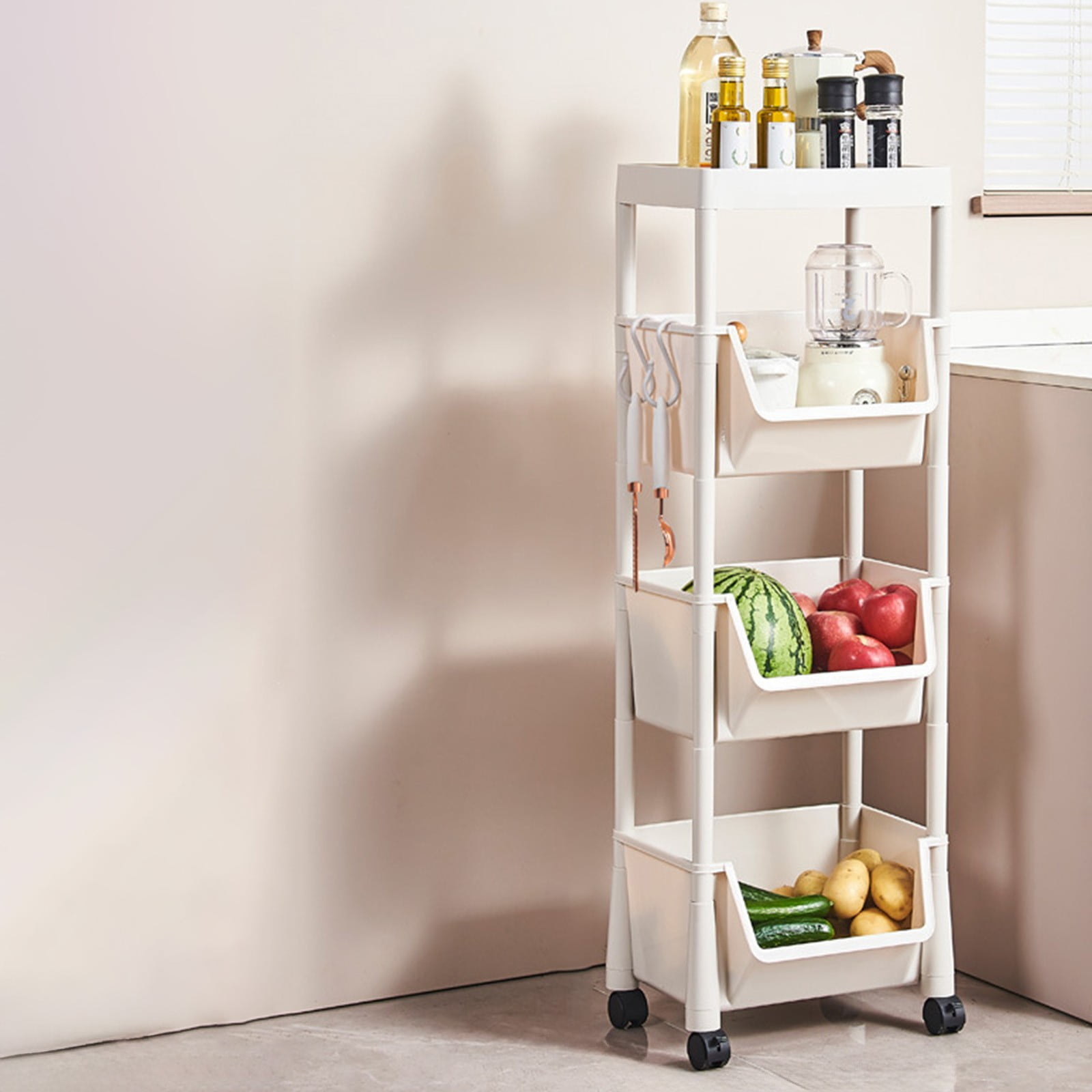 4 Tier Rolling Cart with Wheels, Storage Craft Art Trolley Organizer Serving, Easy Assembly, for Office, Living Room, Kitchen, White