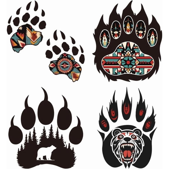 4 Pcs Plastic Iron-On Transfer Logo Stickers Colorful Animal Bear Paw Print Pattern Heat Transfer Film Sticker Set DIY Hat Jacket T-Shirt Curtain Decoration Accessories Colorful
