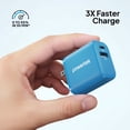 thumbnail image 3 of Powertek Neon Blue Dual Port Wall Charger 20W USB-C PD + 18W USB-A Fast Charging Block for compatbile iPhone, Android, Tablets & USB Devices, Compact Travel Adapter, 3 of 5