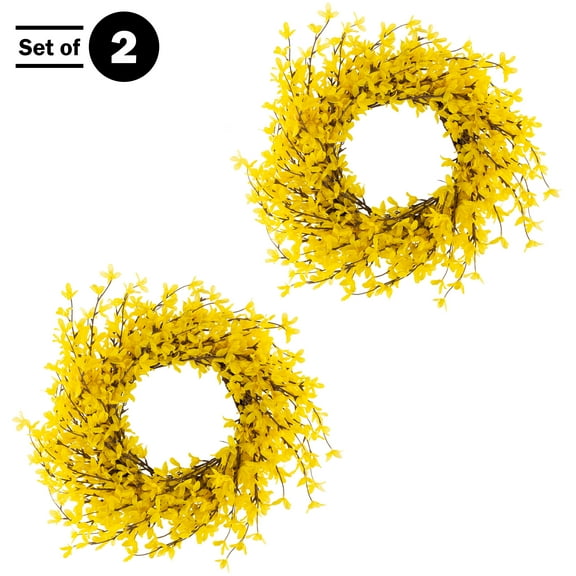 Pure Garden Set of Two 24-Inch Artificial Forsythia Wreaths for Home Decor