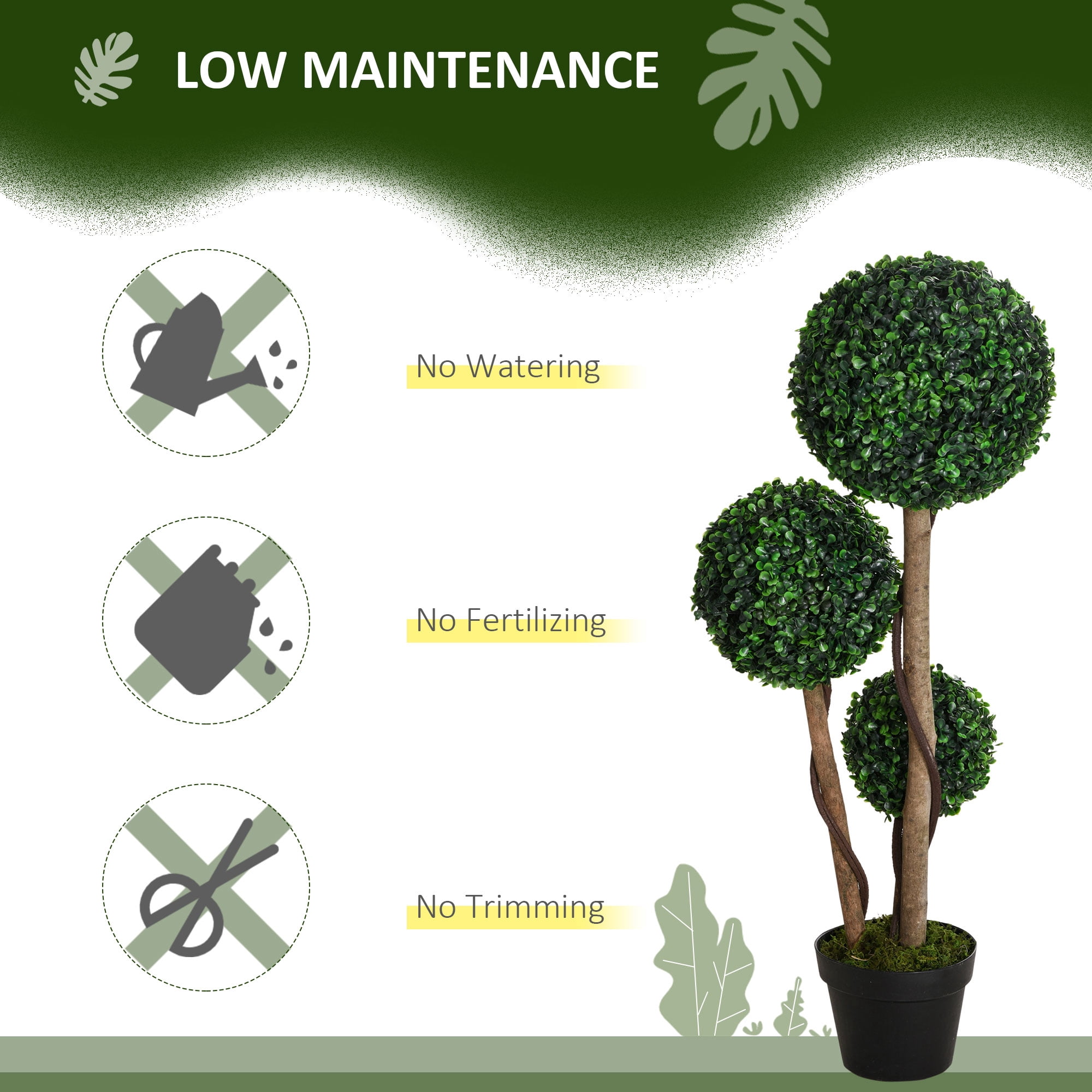 HOMCOM 35.5" Artificial Plant for Home Decor Indoor & Outdoor Fake Plant Artificial Tree in Pot, Ball Boxwood Topiary Tree, Dark Green
