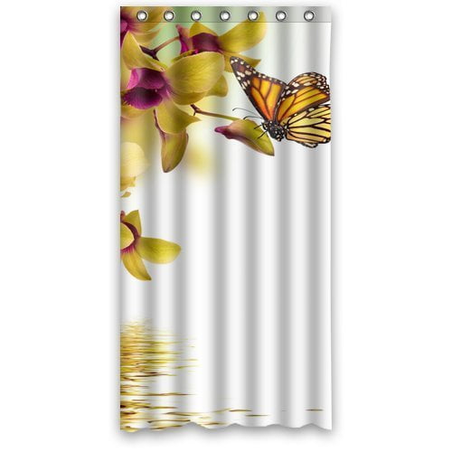 MOHome Yellow Butterfly Yellow Flower Pattern Shower Curtain Waterproof Polyester Fabric Shower