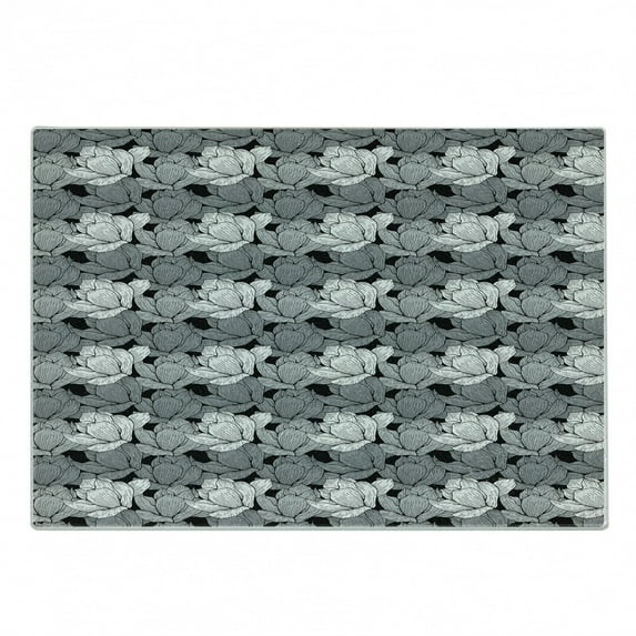 Black and Grey Cutting Board, Floral Arrangement Lotus Traditional Oriental Nature Motifs, Decorative Tempered Glass Cutting and Serving Board, Small Size, Black Grey White, by Ambesonne