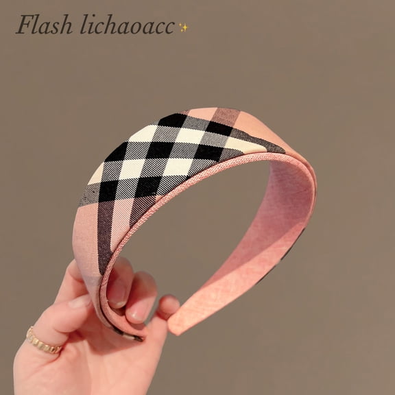 Korean-style pink plaid hairband for women, wide-brimmed versatile headband, new stylish hair accessory for going out