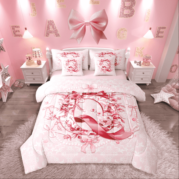 Castle Fairy Floral Initial 7-Piece Twin Bedding Sets,Dreamy Princess Bedding Comforter Set,Bow Flower Breathable Sheet Sets,Breathable Girls Bedroom Decoration