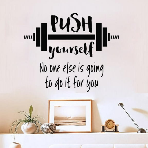 Push Yourself GYM Quotes Wall Decal Stickers Barbell Workout Exercise Sport Vinyl Decals Mural Home Decoration Wallpaper 42x35cm