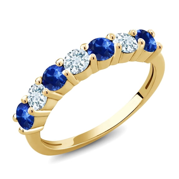 Gem Stone King 18K Yellow Gold Plated Silver Round Blue Sapphire Sky Blue Aquamarine Anniversary Ring for Women (1.39 Cttw, Gemstone Birthstone, Size 8) (Size 8)