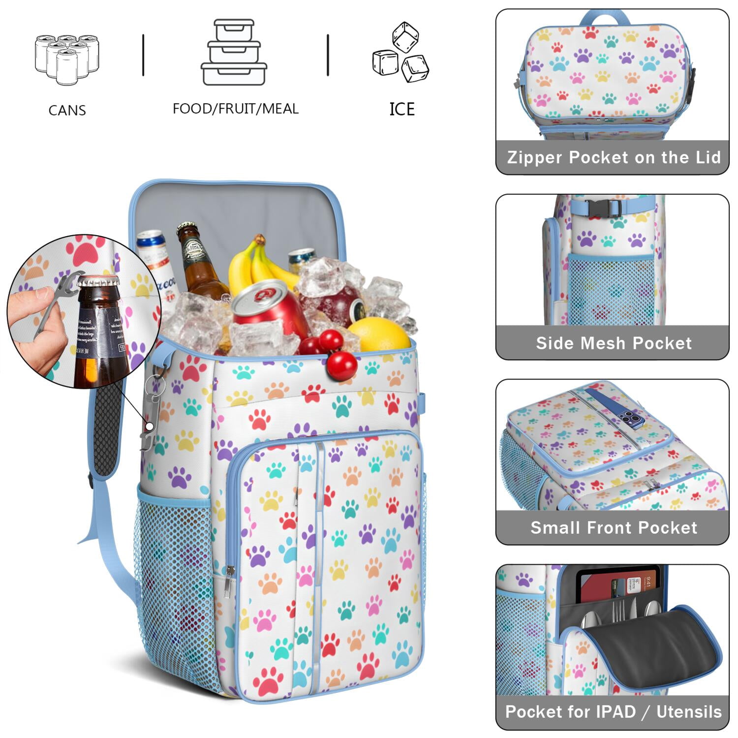 Travel Cooler Bag - Colorful Dog Paw Footprint Camping Beer Cooler Backpack with Bottle Opener- Waterproof Insulated Picnic Backpacks - Cooler Bag for Beach