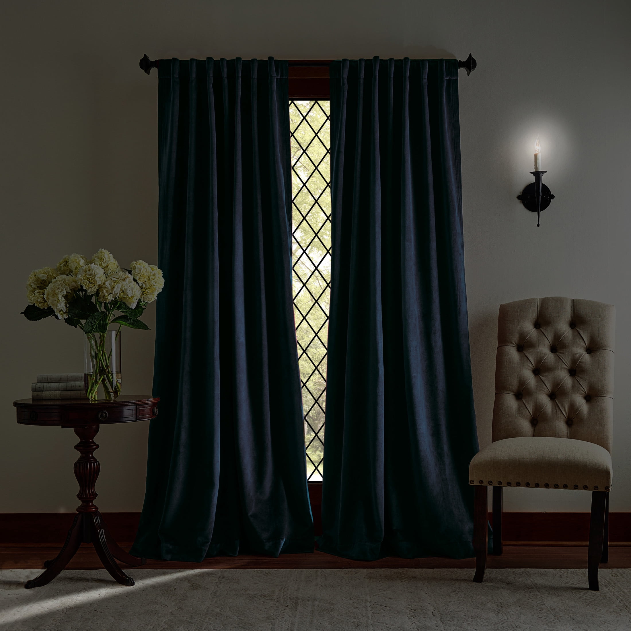 Martha Stewart Lucca Velvet Curtain Panel Pair, Midnight Navy, Back Tab, Blackout, Indoor, Adult, 2 Piece Set, 50" x 84"