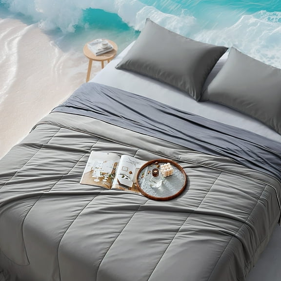 Sleep Zone Queen Cooling Comforter Set for Hot Sleepers, Nanotex Cooling Blanket,3 Pieces Jersey Knit Bedding, Reversible Cool Feeling, Soft and Breathable with 2 Pillowcases, 1 Comforter (Dark Grey)