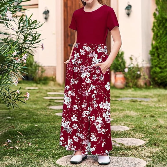 Fatuov Casual Dress for Girls with Pocket Loose Fit Printed Soft Long Dress for Summer Crew Neck Dress Size 5 Years