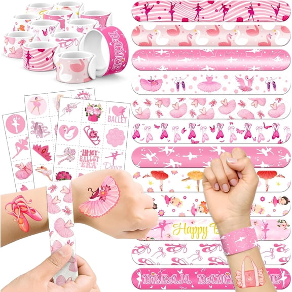 60 PCS Ballerina Party Favors Set - 36 Temporary Tattoos Sticker & 24 Slap Bracelets for Kids, Perfect for Birthday Parties, Classroom Rewards and Gifts