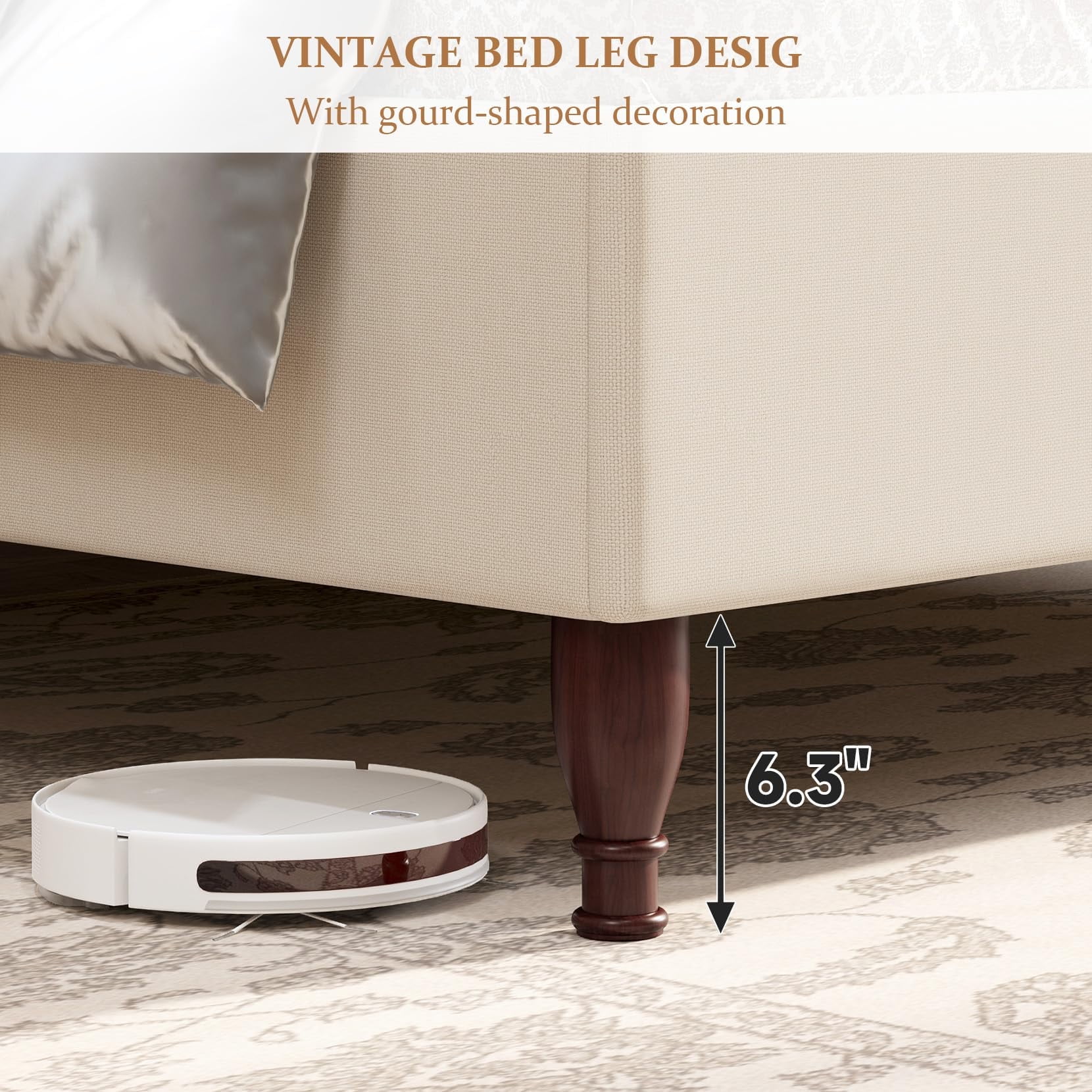Neche Queen Upholstered Platform Bed Frame - 51" Tall Curved Wingback, Soft Fabric, Retro Sleigh Style, No Box Spring Needed, Easy Assembly, Beige