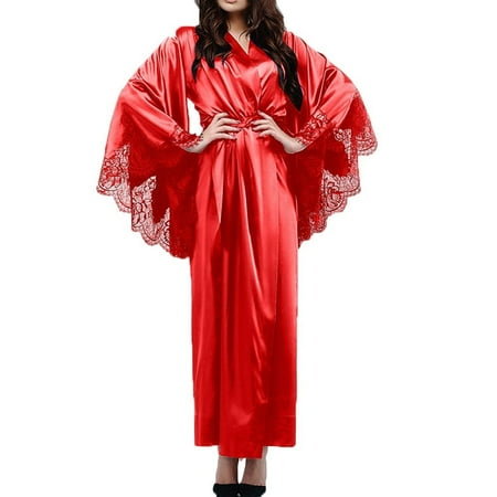 GuessLookry 2023 Vintage Fabric Women Sexy Lace Satin Kimono Long Robe Bathrobe Lingerie Sleepwear Belt Pajamas New Year Gift