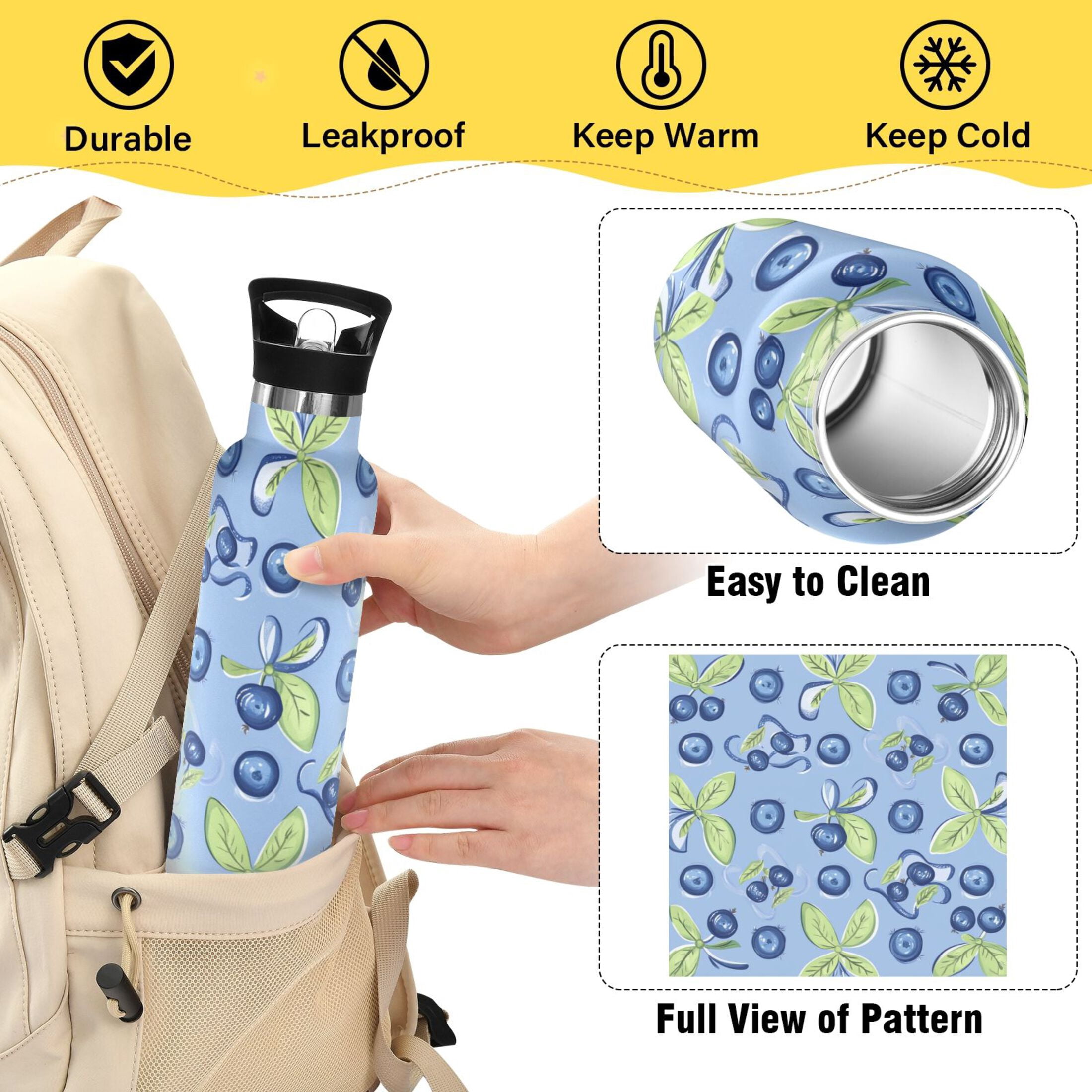 Kids Insulated Stainless Steel Sports Water Bottle 600ml (20oz) Blueberry and Ribbon