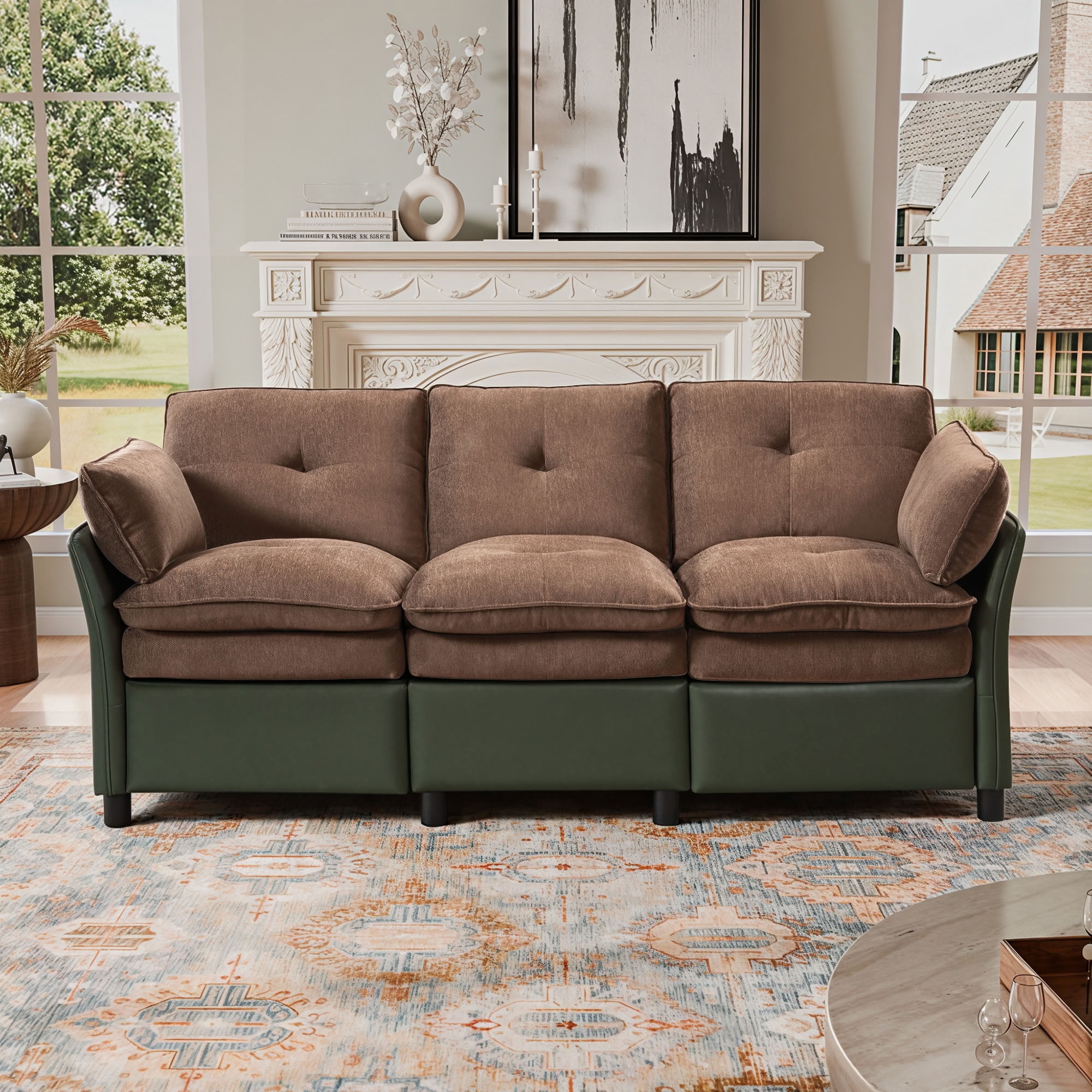 MAYEERTY 3-Seater Reclining Sofa with Extendable Footrest, Dual-Tone Linen & PU Leather Couch, 660 LBS Capacity for Living Room Apartment
