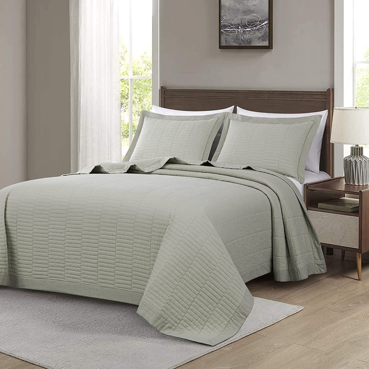 Chezmoi Collection Yuma 3-Piece 100% Cotton Quilt Set Queen Size, Natural, Modern Geometric Rectangle Stitched Quilt Washed Cotton Bedspread Set for All Season