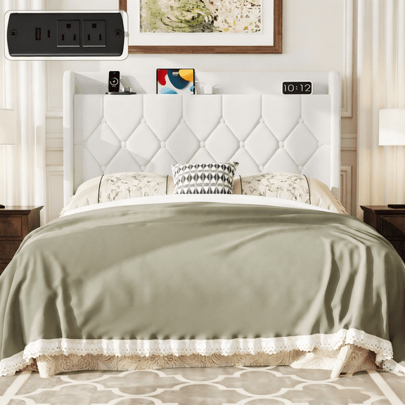 Frostbloom Queen Size Velvet Bed Frame with USB & Type-C Charging, Diamond-Tufted Wingback Headboard with Storage, White