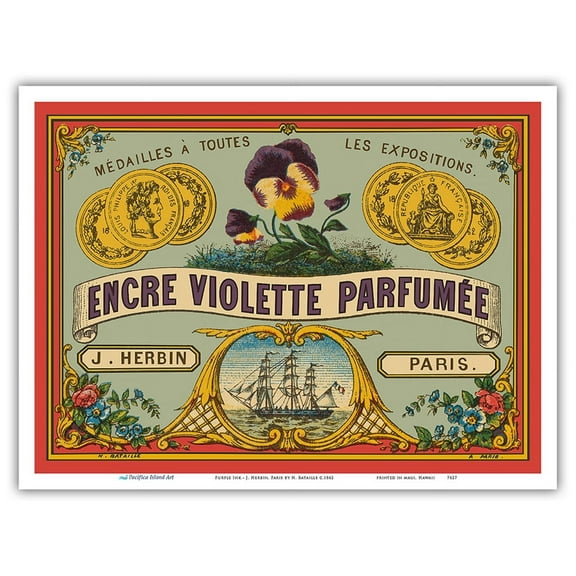Purple Ink (Encre Violette Parfumée) - J. Herbin Paris - Vintage Advertising Poster by H. Bataille c.1862 - Master Art Print (Unframed) 9in x 12in