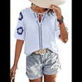 thumbnail image 3 of Blusas de Verano para Mujer, Blusas Florales Bordadas con Mangas Abullonadas, Cuello en V, Estilo Bohemio, Informal Azul L, 3 of 7