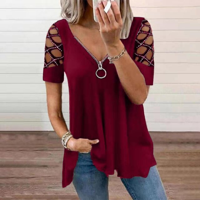 Nouvelle Mode Printemps et Été Couleur Unie Manches Courtes Creuses Strass Décontracté