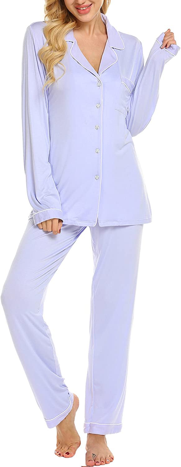 Cyenaly Womens Pajamas Set Long Sleeves Sleepwear Lounge Nightgown with Buttons S-2XL