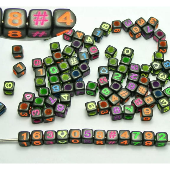 U8MO 250 Black with Neon Color Assorted Number "#" Cube Pony Beads 6X6mm