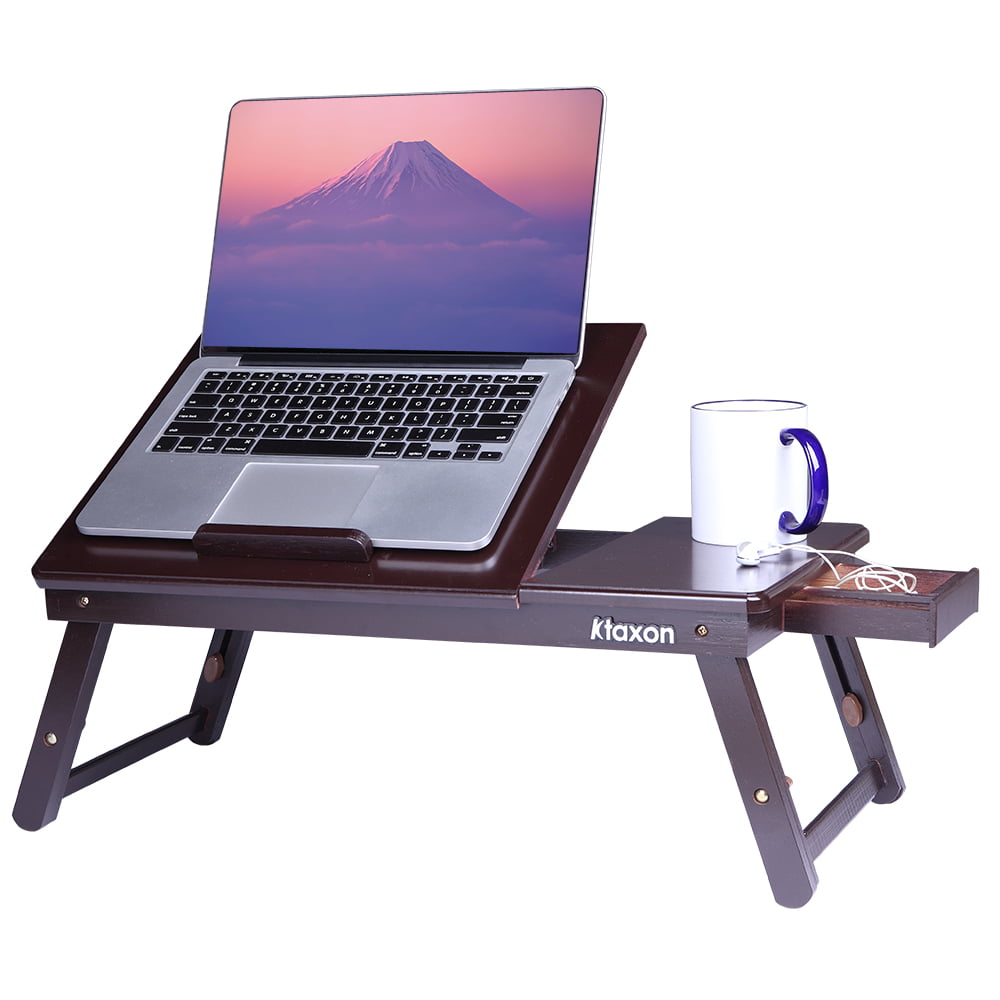 Wood Laptop Desk Adjustable Breakfast Serving Bed Tray Drawer PC Moniter Holder 