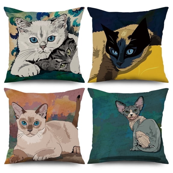 Cartoon Cat Throw Pillow Covers Set of 4,Modern Linen Pillowcase for Living Room Bedroom Decor,18x18 Inch