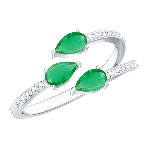 Rosec Jewels Emerald Diamond Ring, East West Emerald Ring, Emerald Three Stone Ring, Green Emerald Wrap Ring, Diamond and Emerald Ring for Women, 925 Sterling Silver, US 4.00
