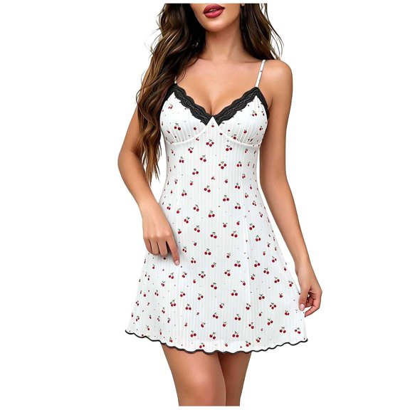 RoamHome Women's Cherry Print Mini Dress Lace Trim V Neck Spaghetti Strap Ribbed Bodycon Summer Casual