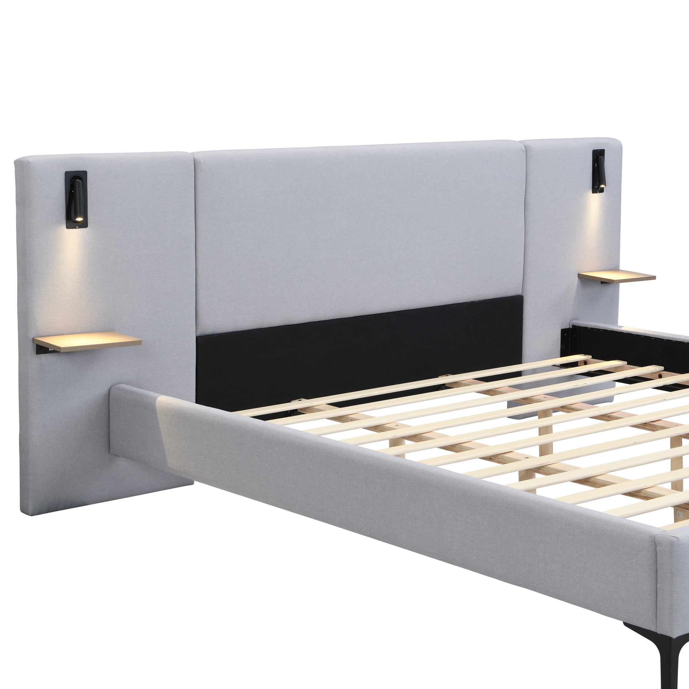Christopher Knight Home Linen Upholstered King Platform Bed with Reading Lights and Headboard Shelves, Grey