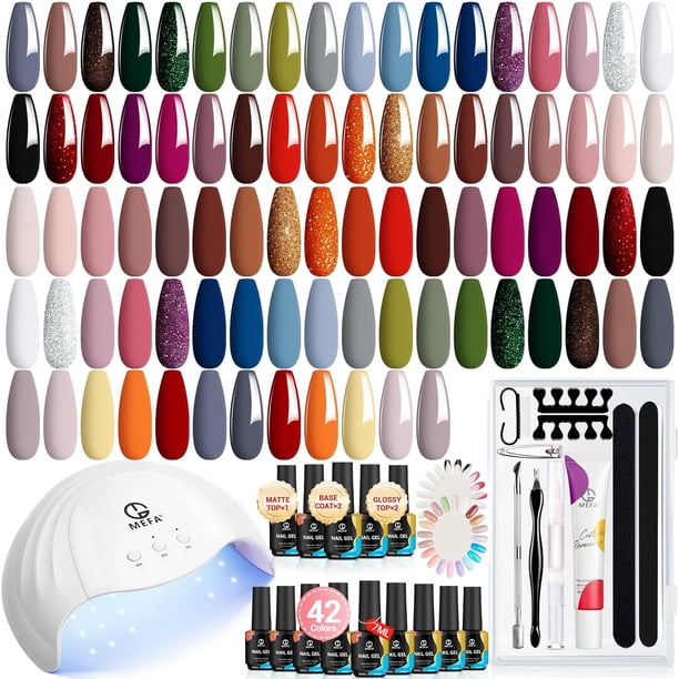 MEFA Kit de esmalte de uñas de gel con luz UV, 28 colores, juego de esmalte de uñas de gel para otoño e invierno, color marrón dorado, kit de iniciación de esmalte de uñas con base y capa superior mat