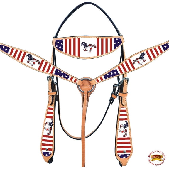 Western Horse Headstall Breast Collar American Leather Hilason US Flag