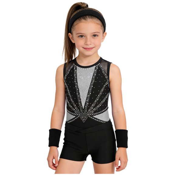 Hansber Gymnastics Leotards for Girls Glitter Ballet Dance Biketard Skating Jumpsuit with Shorts Hairband Wristbands Set Black Silver 8