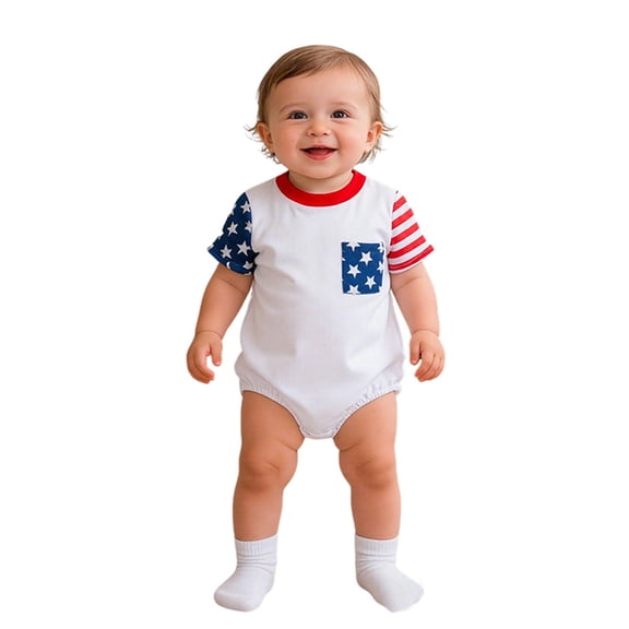 Boy 4th of July Outfit, American Flag Star Striped Short Sleeve Bodysuit, Patriotic Onesie for Independence Day