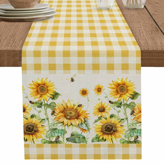 Sunflower Table Runner 120 Inches Long for Dining Table Decor,Retro Buffalo Plaid Yelloe Beige Country Bee Burlap Linen Farmhouse Table Runner Coffee Table Runners Dresser for Kitchen Party Holiday