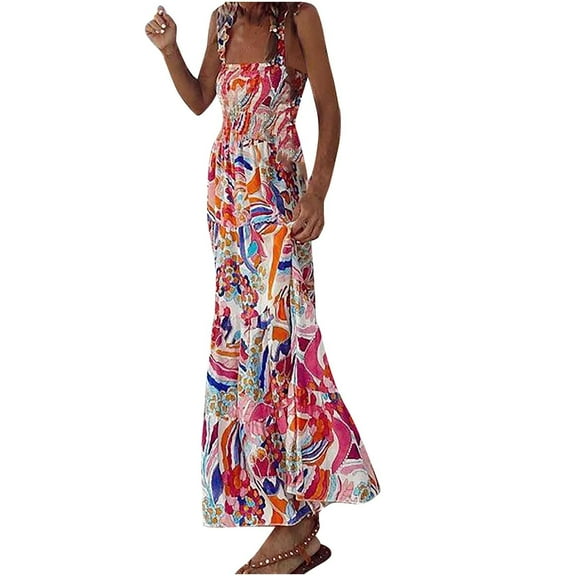 Summer Saving Wycnly Formal Dresses for Women Sleeveless Square Neck Geometric Print Summer Maxi Dresses Elastic Waist Ruffle Swing Vintage Boho Strap Dress Pink M