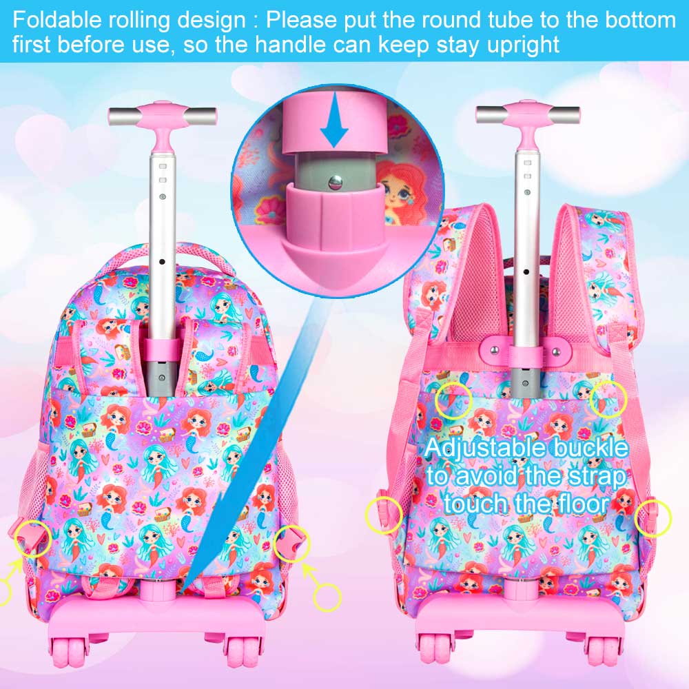 AGSDON 3PCS Rolling Backpack for Girls, 20" Kids Roller Wheels Bookbag, Wheeled School Bag with Lunch Bag - Mermaid Pink