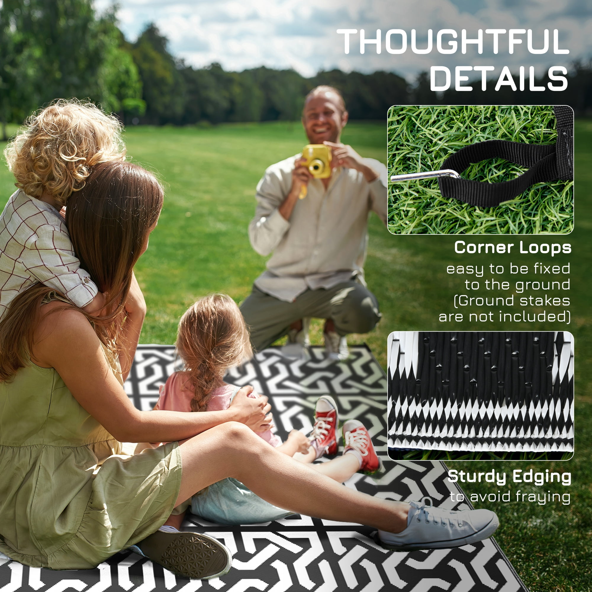 Outsunny Black and White Chain Loop Buckle Chain Outdoor Rug, 9' x 12', Waterproof
