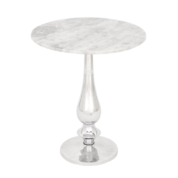 DecMode 20" x 24" White Marble Accent Table with Silver Aluminum Base, 1-Piece