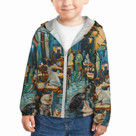 

Gaeub Whimsical Cats Night Cafe Print Athletic Sun Protection Hoodie for Kids Long Sleeve Outdoor UV Shirt Running Fishing Top for Boys Girls-4 Years