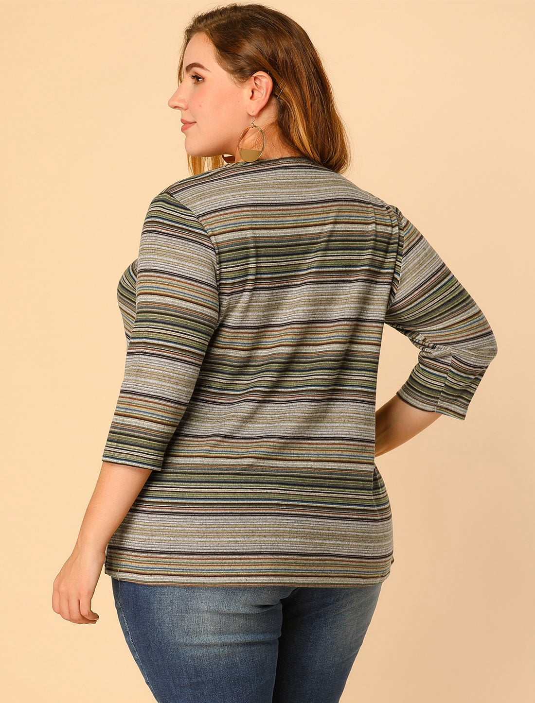 DARING DIVA Women's Plus Tunic Top V Neck Stripe Boho Knit Blouse 6X Green
