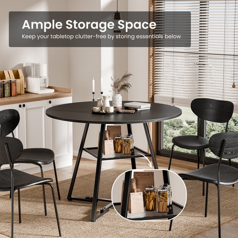 Gianna 42" Round Dining Table for 4-6, Space Saving Kitchen Table with Dual-Tier Storage, Pedestal Metal Frame, Industrial Farmhouse Circle Dinner Table for Apartment, Black