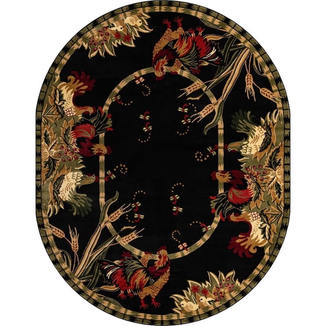 Unique Loom Barnyard Rooster Design Area Rug 7' 11 x 10' Oval Black/Ivory